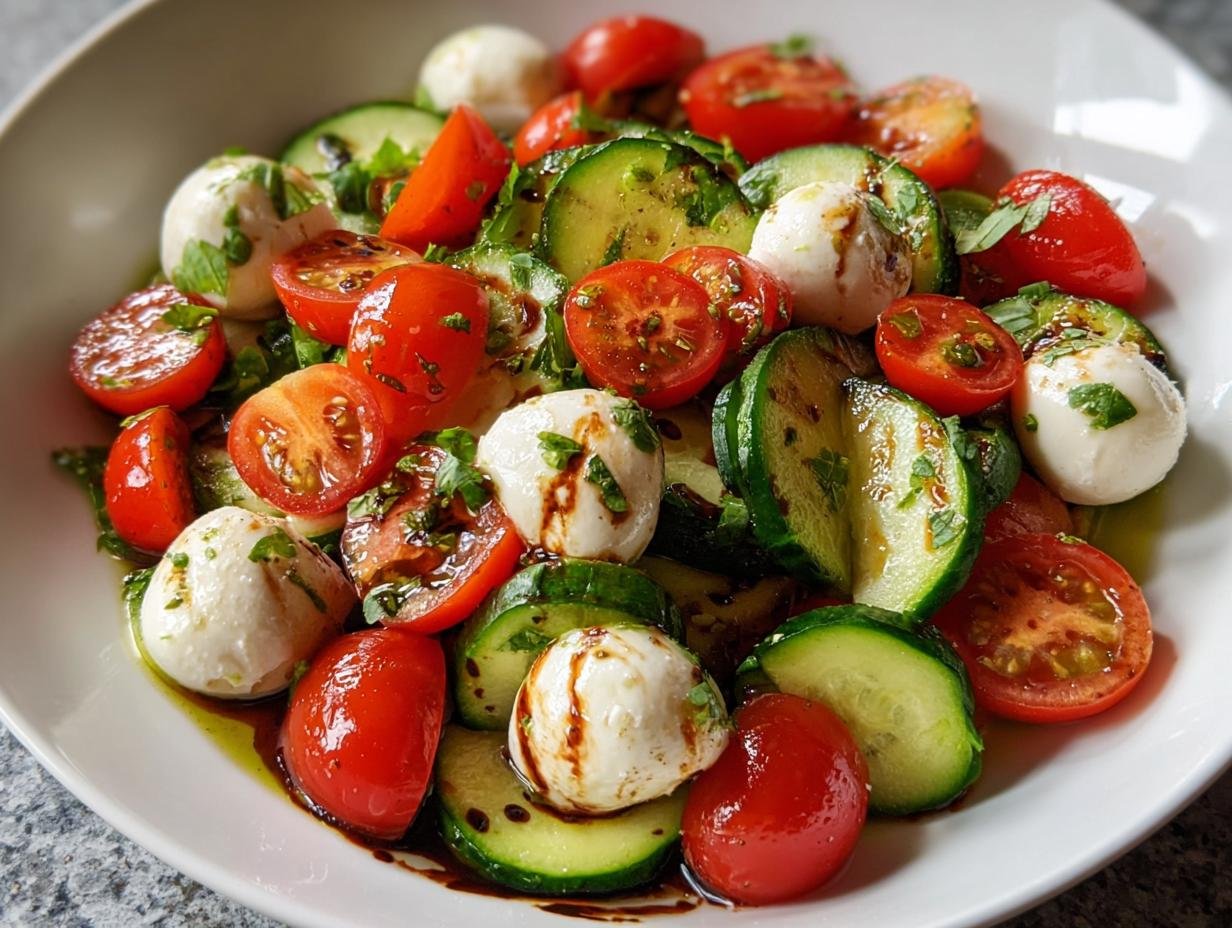 Cucumber Caprese Salad - fresh ingredients being tossed together
