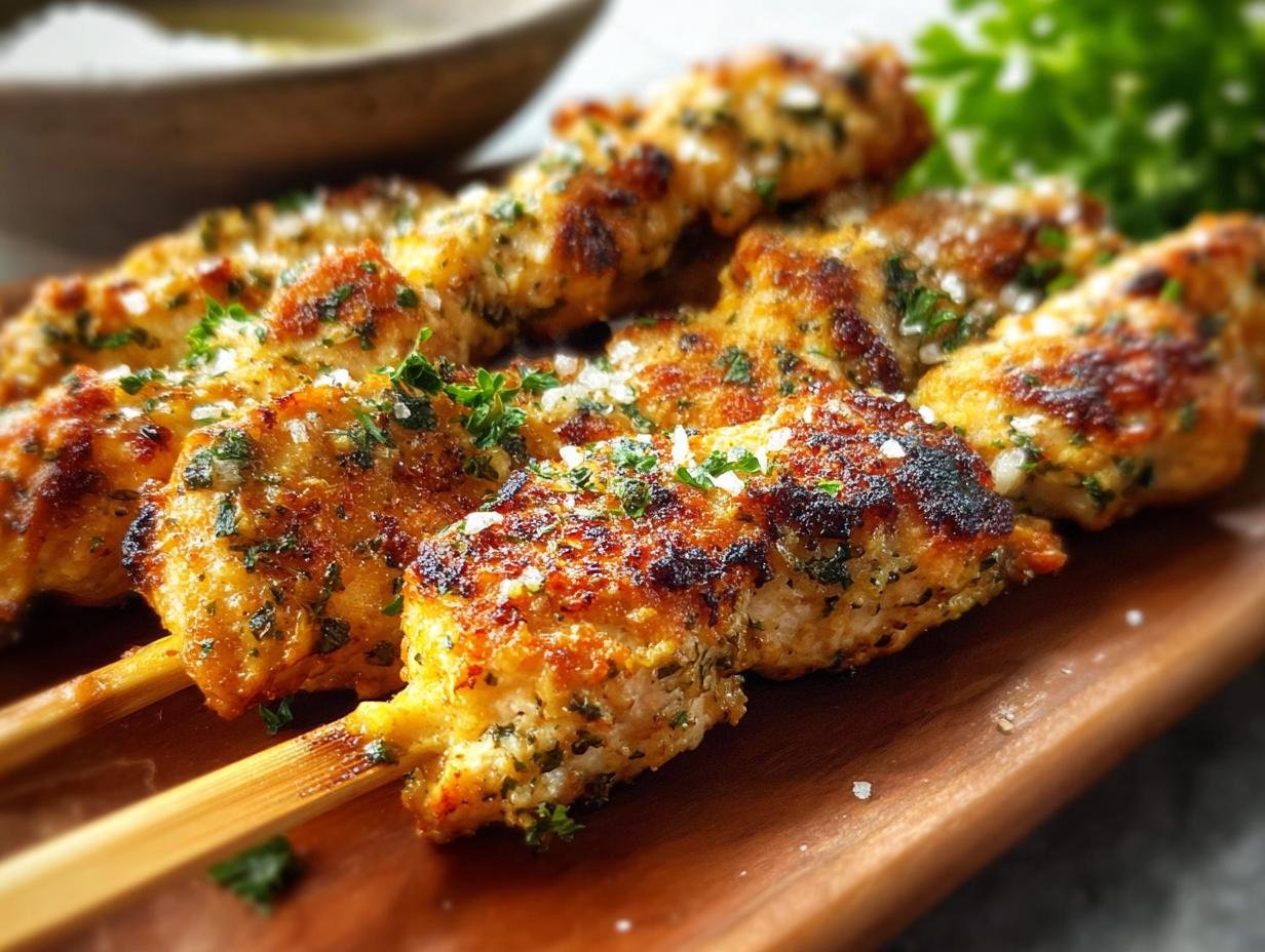 Juicy Ranch Garlic Parmesan chicken skewers cooking on a grill