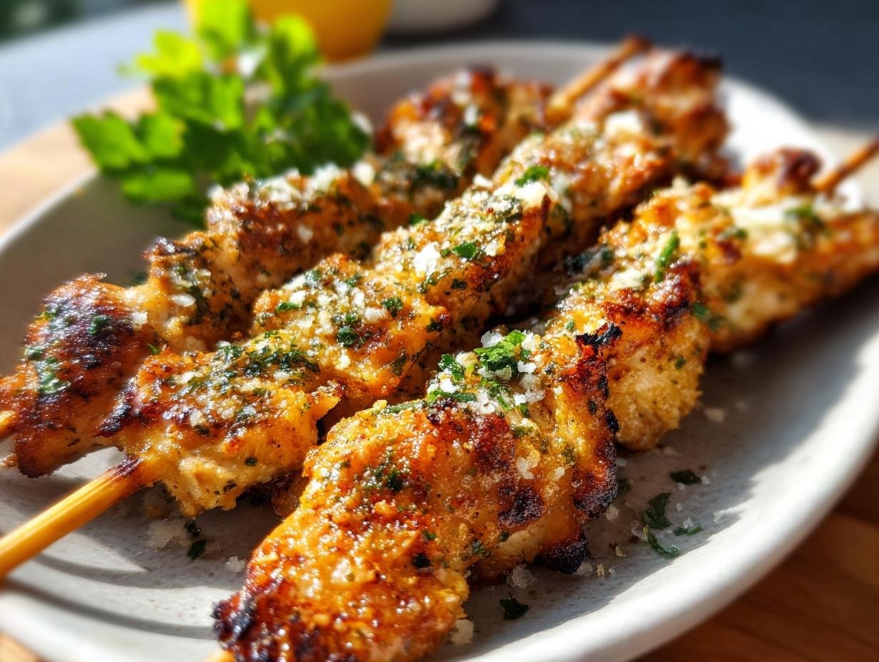 Close-up of Juicy Ranch Garlic Parmesan chicken skewers with fresh parsley garnish