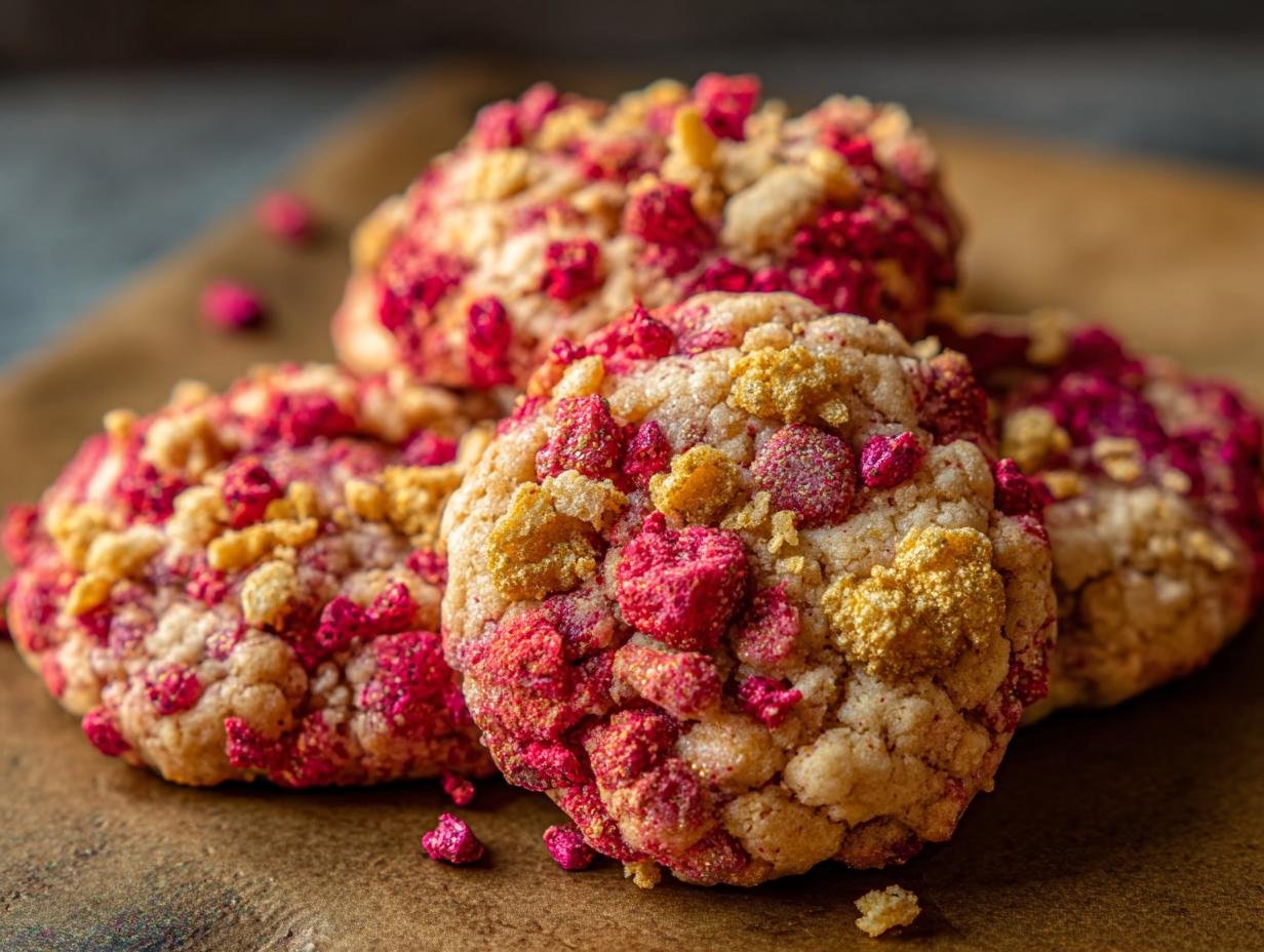 Strawberry Crunch Cookies - close-up of cookie dough with freeze-dried strawberries