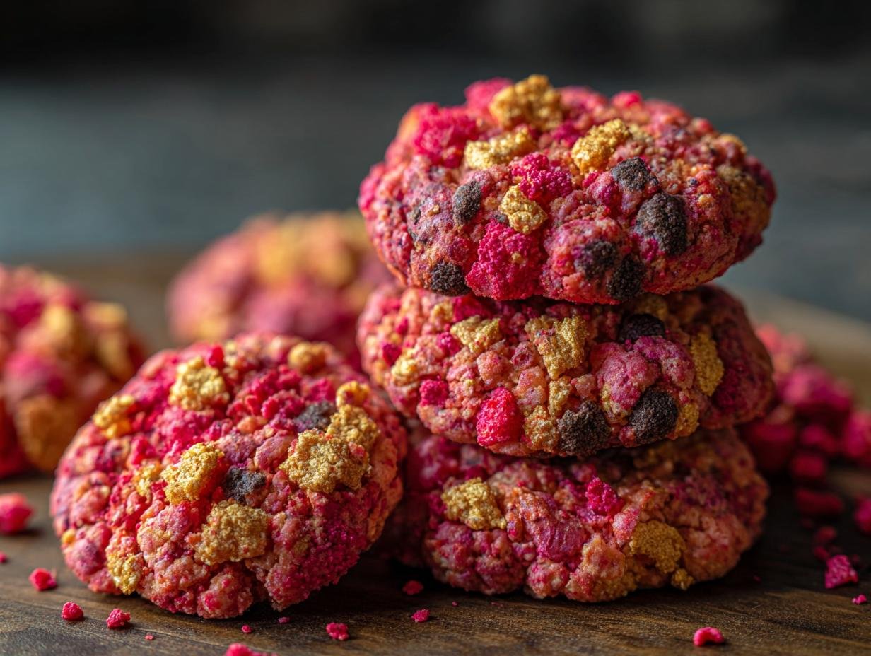 Strawberry Crunch Cookies - a stack of freshly baked cookies with topping