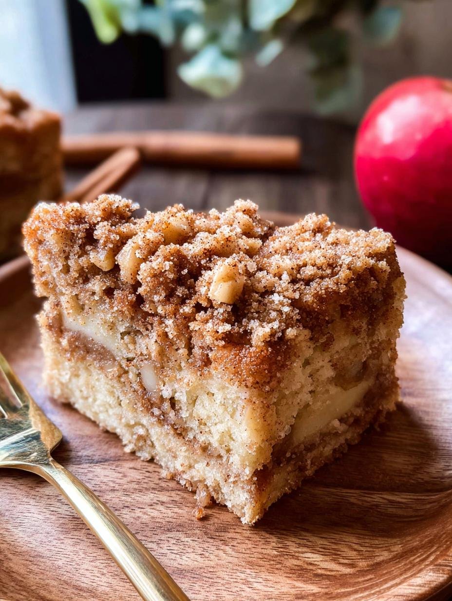 Close-up of a slice of Apple Crumb Cake showing the moist interior and crumb topping