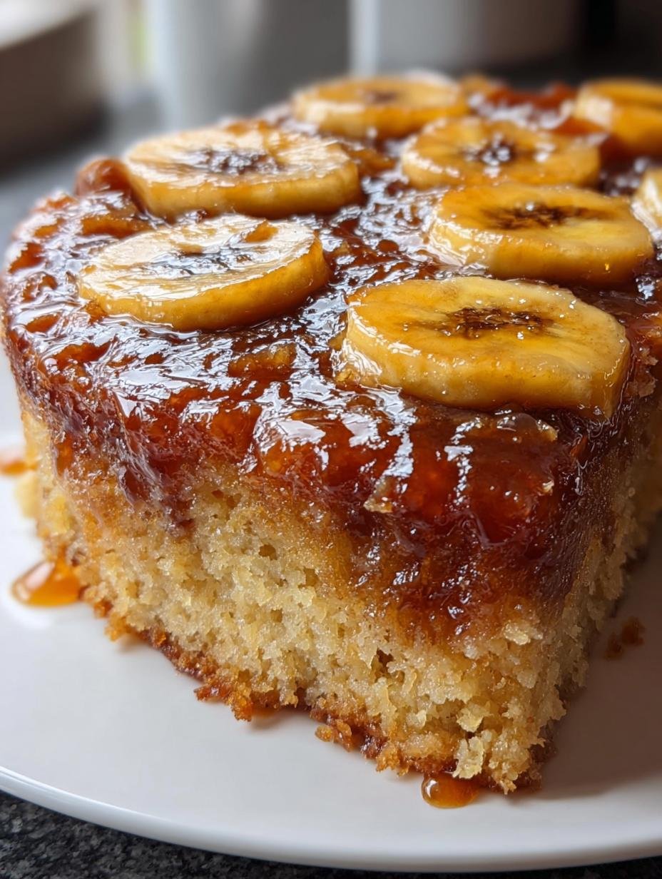 Divine Banana Upside Down Cake: 1 Perfect Recipe - A close-up of a slice of Banana Upside Down Cake showing moist texture and caramelized bananas