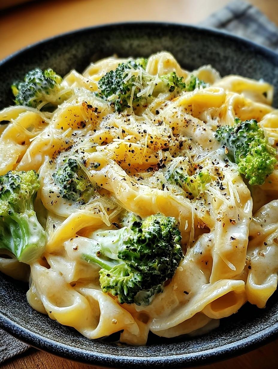 Close-up of creamy Boursin Cheese Pasta with broccoli florets and fresh herbs, showing rich texture