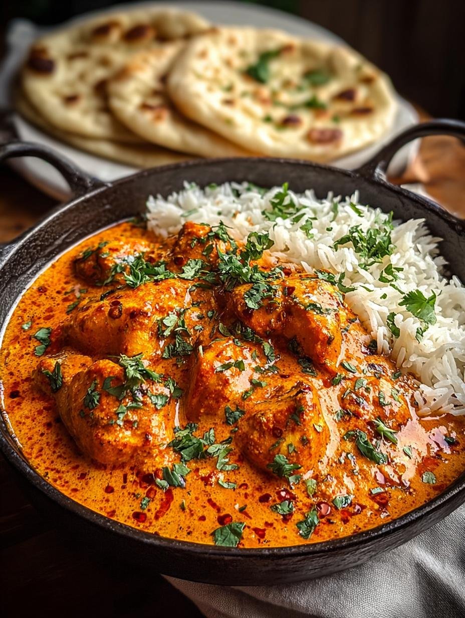 Delicious Butter Chicken served with rice and garnished with herbs