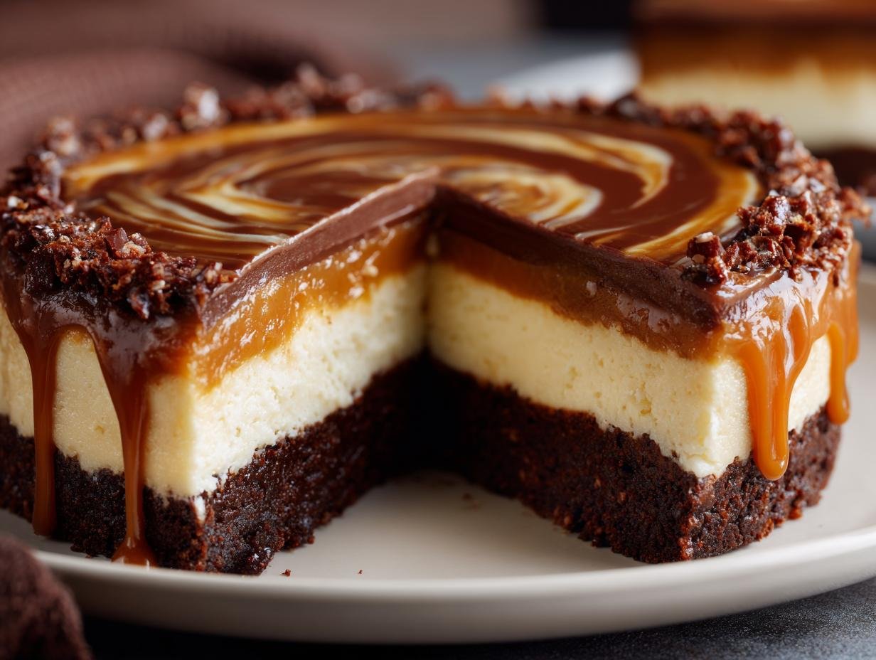 Caramel Brownie Cheesecake - close-up of a slice showing brownie, cheesecake, and caramel swirl