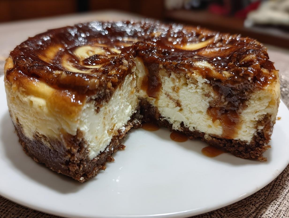 Caramel Brownie Cheesecake - a whole cheesecake with caramel swirls on top