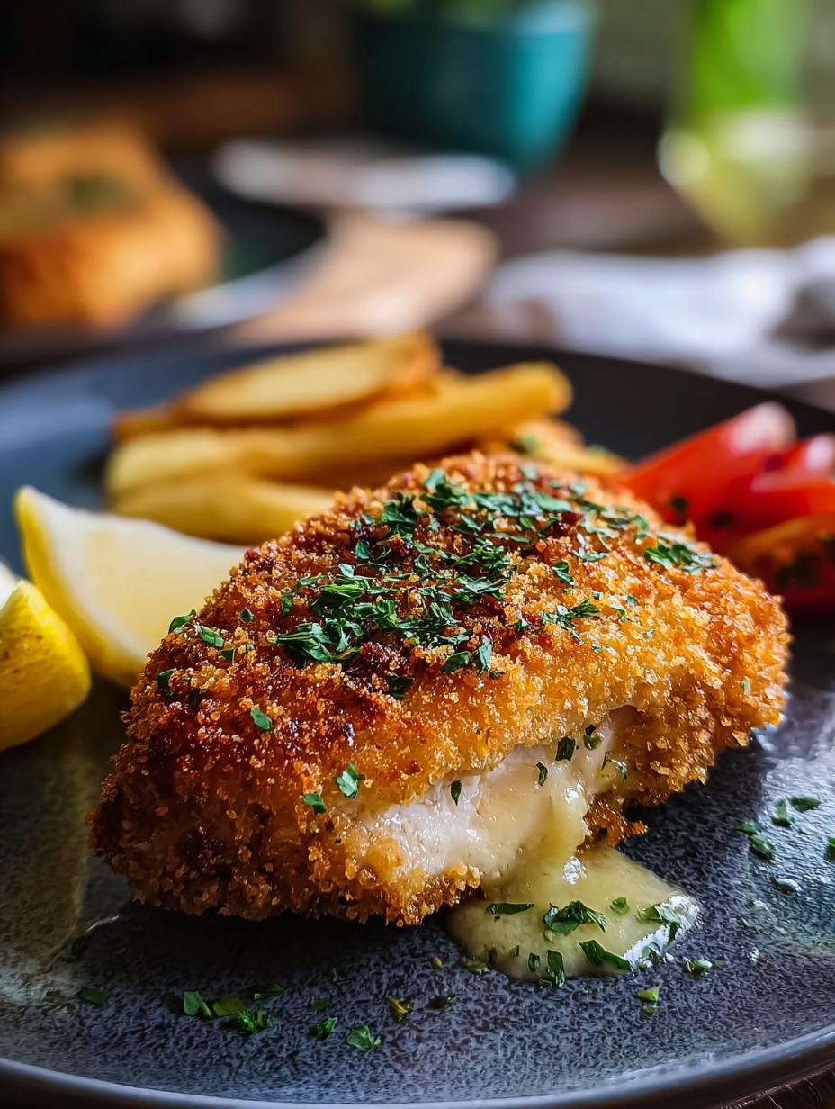 Close-up of a perfectly golden and crispy Chicken Kiev, showing the delicious breading