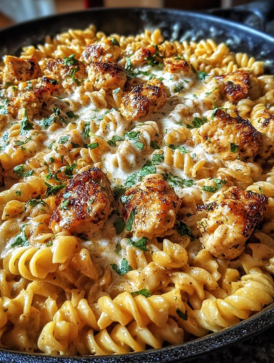 Delicious Chicken Rotini Skillet with creamy sauce and fresh parsley, ready to serve