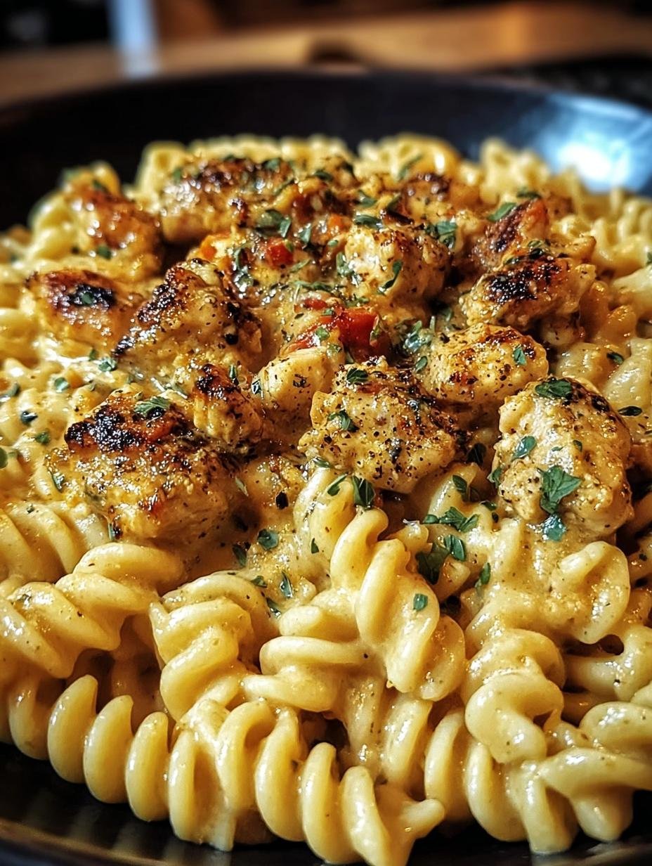 Close-up of creamy Chicken Rotini Skillet with tender chicken pieces and rotini pasta