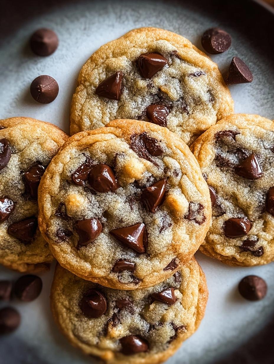 A close-up of a stack of warm, golden-brown chocolate chip cookies with melted chocolate