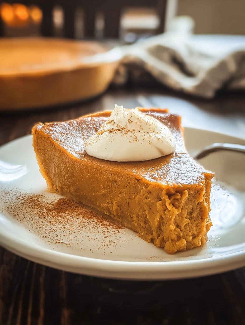 Delicious Crustless Pumpkin Pie with a creamy texture, garnished with whipped cream and a sprinkle of cinnamon, ready to be served.