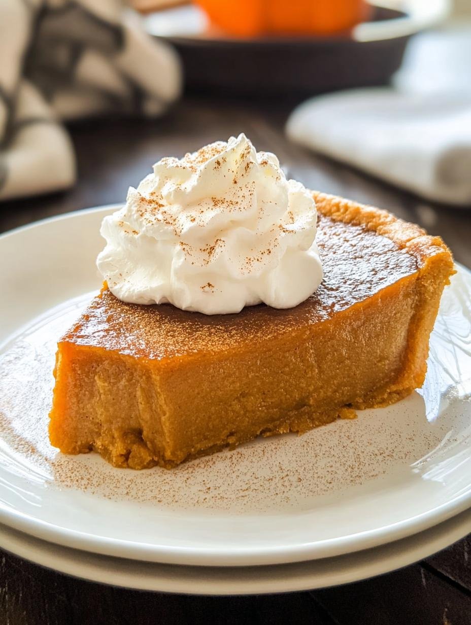 Individual serving of Crustless Pumpkin Pie topped with a generous swirl of whipped cream and a dusting of cinnamon, perfect for a healthy dessert.