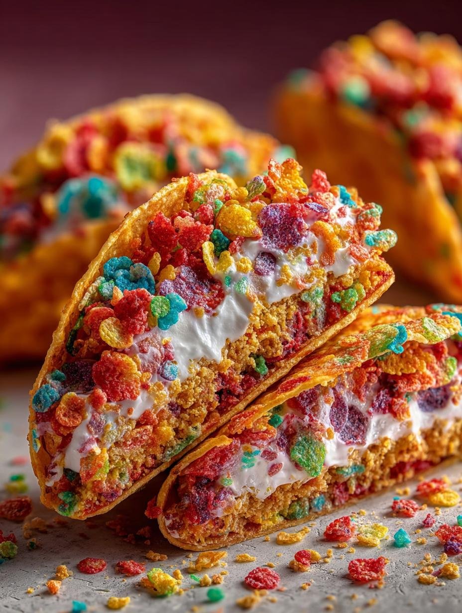 Vibrant Fruity Pebbles Cheesecake Tacos arranged on a colorful platter, showcasing their creamy filling and crunchy cereal-crusted shells, ready to be enjoyed.
