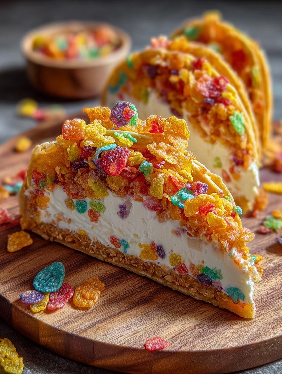 Close-up of a single Fruity Pebbles Cheesecake Taco, showing the creamy filling studded with colorful cereal and the crispy, cereal-coated shell.