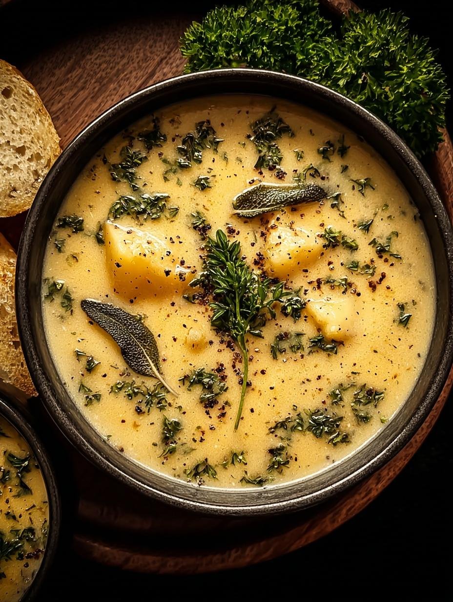 Deliciously creamy Garlic Herb Potato Soup in a rustic bowl, garnished with fresh herbs, ready to be enjoyed.