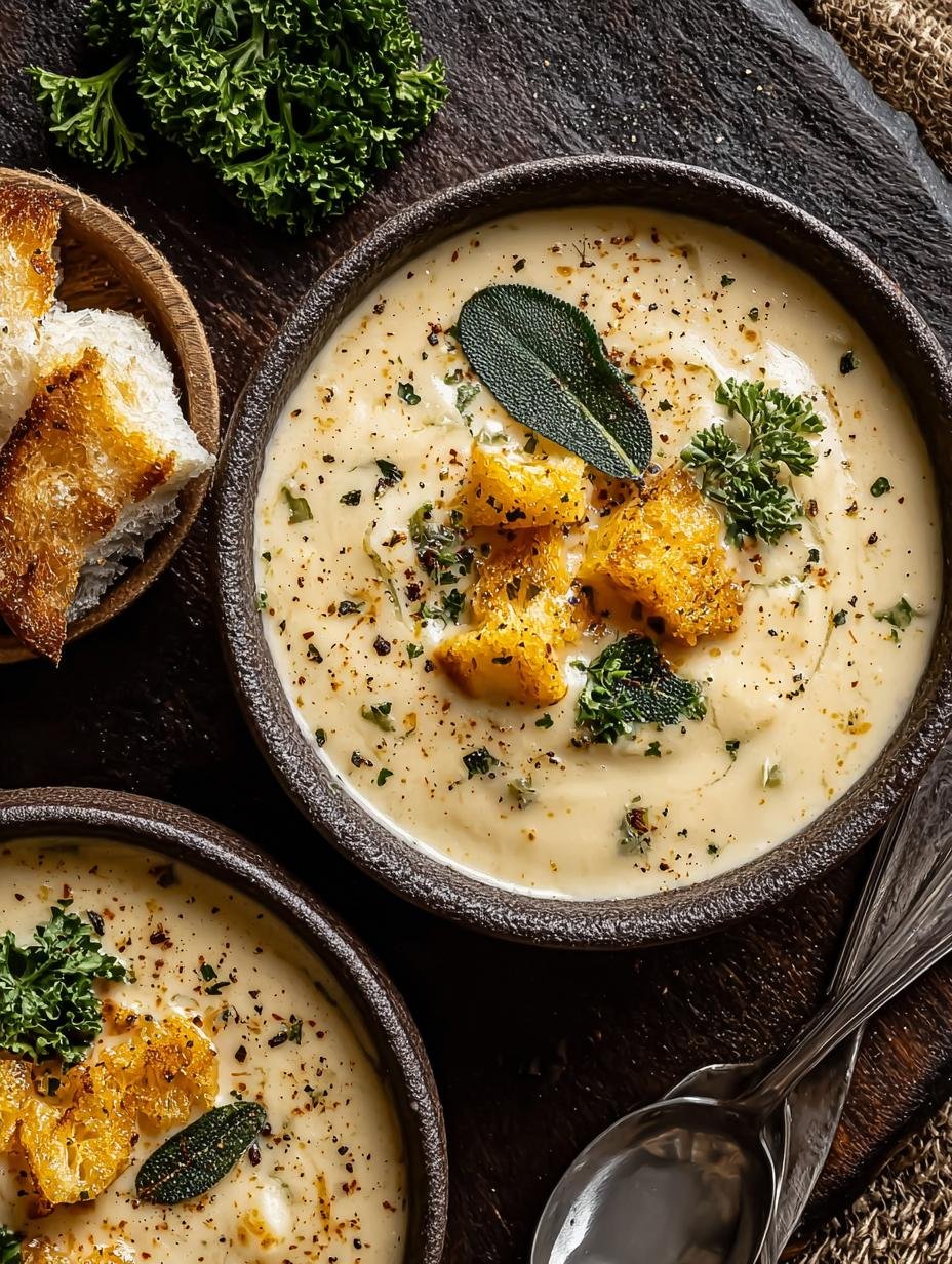 A close-up of creamy Garlic Herb Potato Soup in a white bowl, garnished with fresh dill and a swirl of cream, showcasing its rich texture.