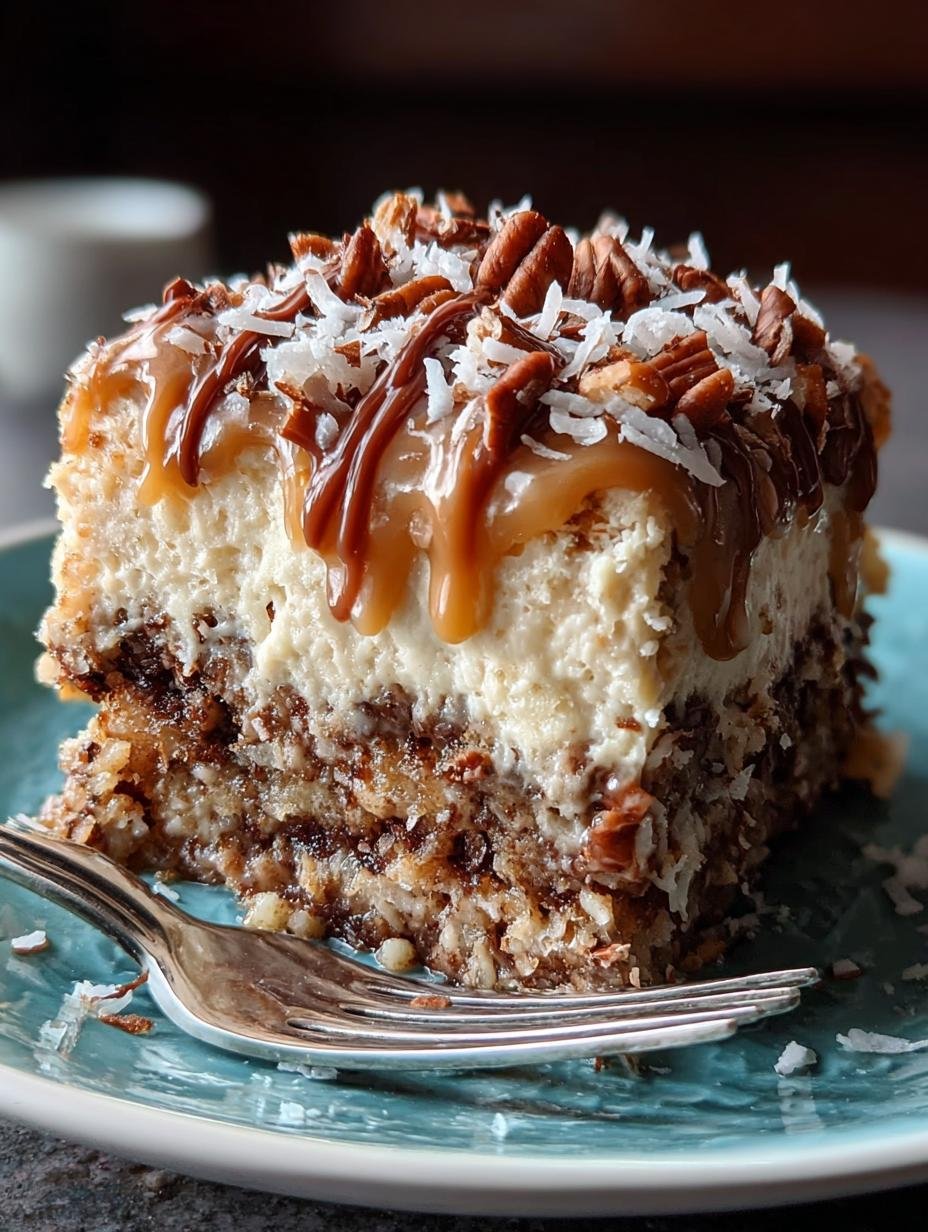 Deliciously moist German Chocolate Poke Cake with rich chocolate, caramel, and coconut-pecan frosting, ready to be served.