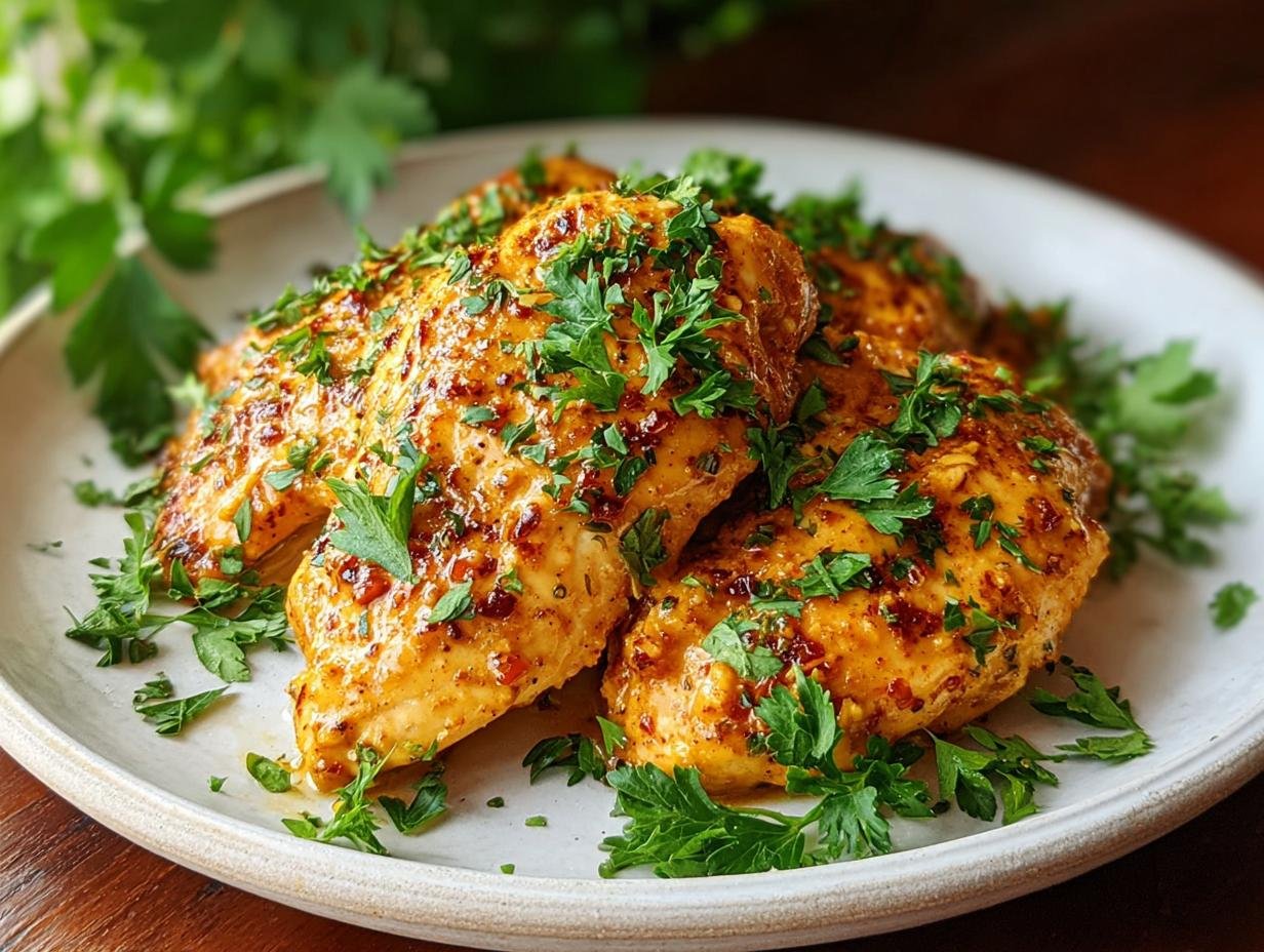 Close-up of Juicy Honey Dijon Chicken with fresh parsley garnish