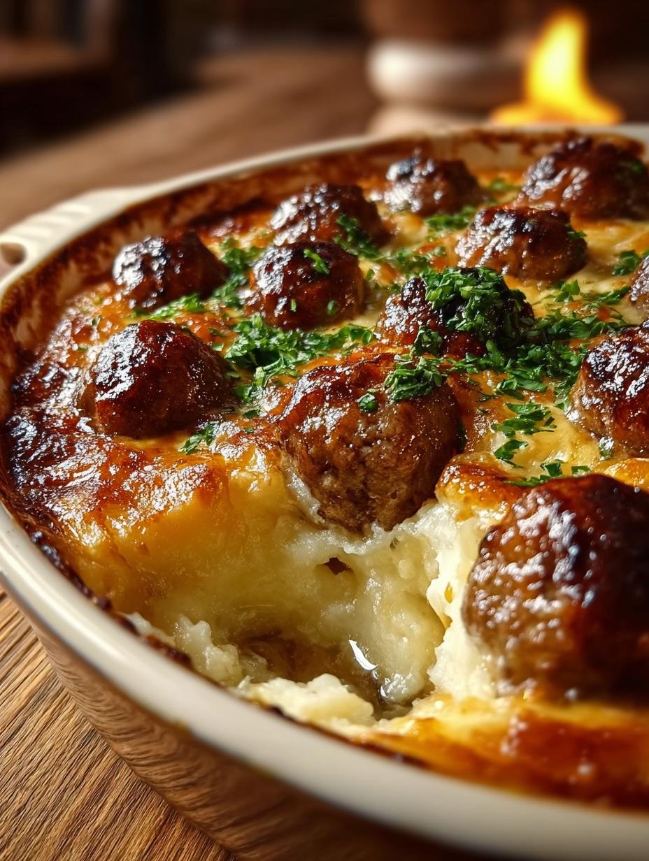 Irresistible Meatball Mashed Potato Bake fresh from the oven on a serving dish