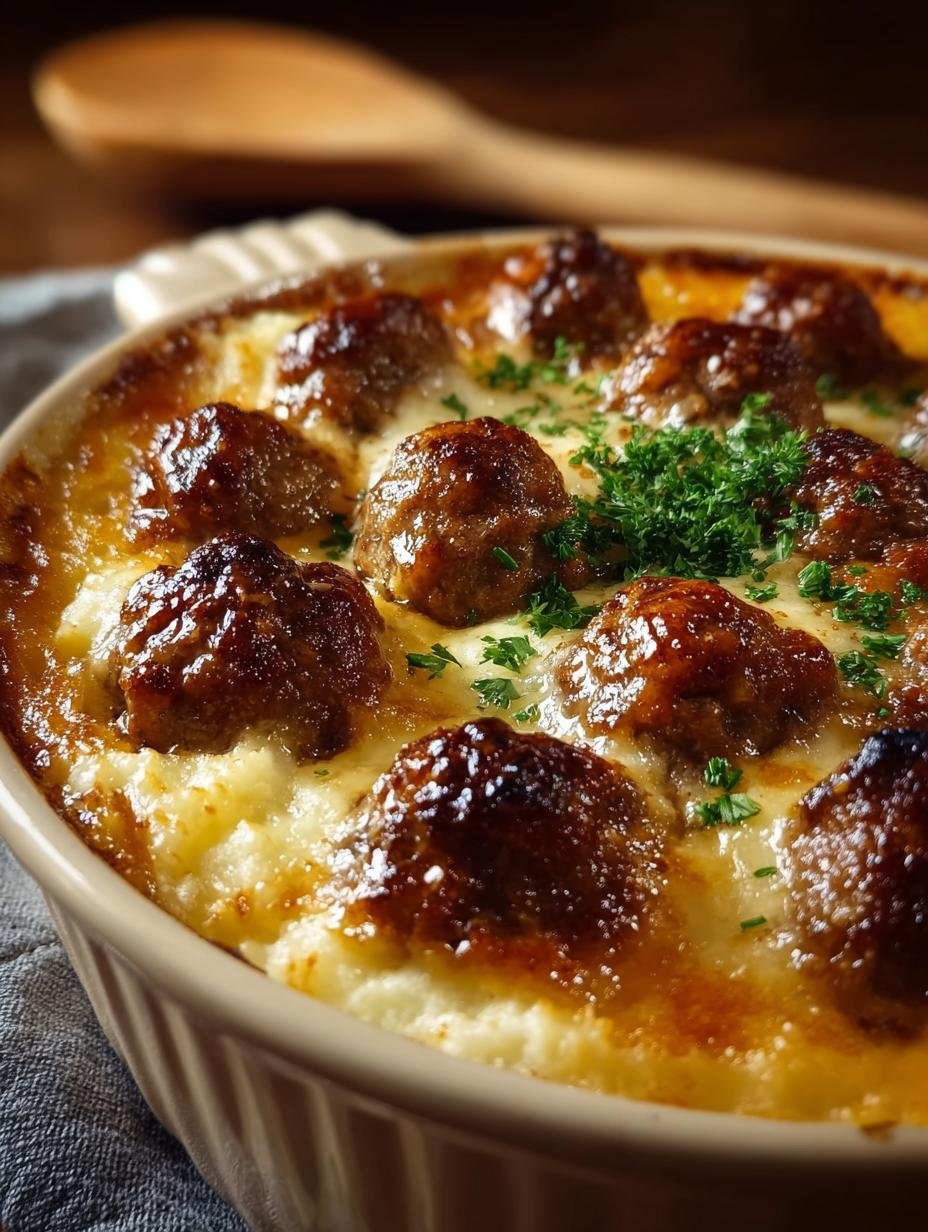 Delicious Meatball Mashed Potato Bake served with fresh parsley garnish