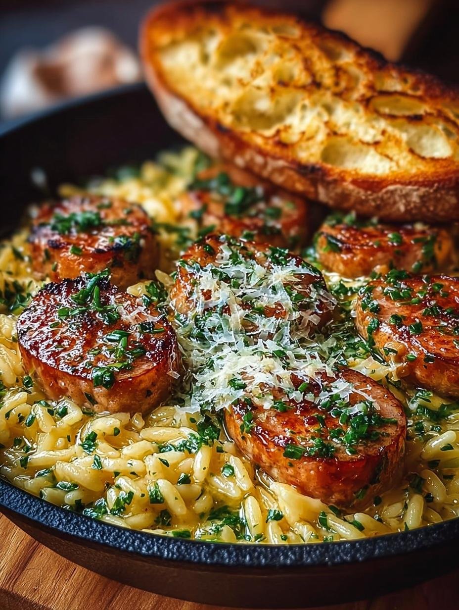 Irresistible One Pot Garlic Butter dish with smoked sausage and orzo, ready to serve