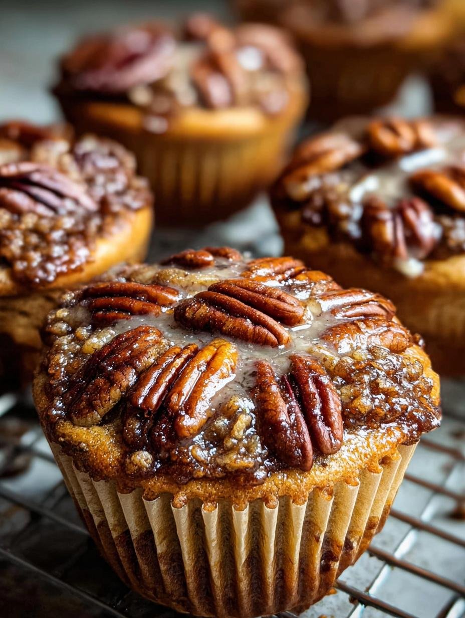 Close-up of a perfectly baked Pecan Pie Muffin Everyone will love, showing the tender crumb and rich pecan topping