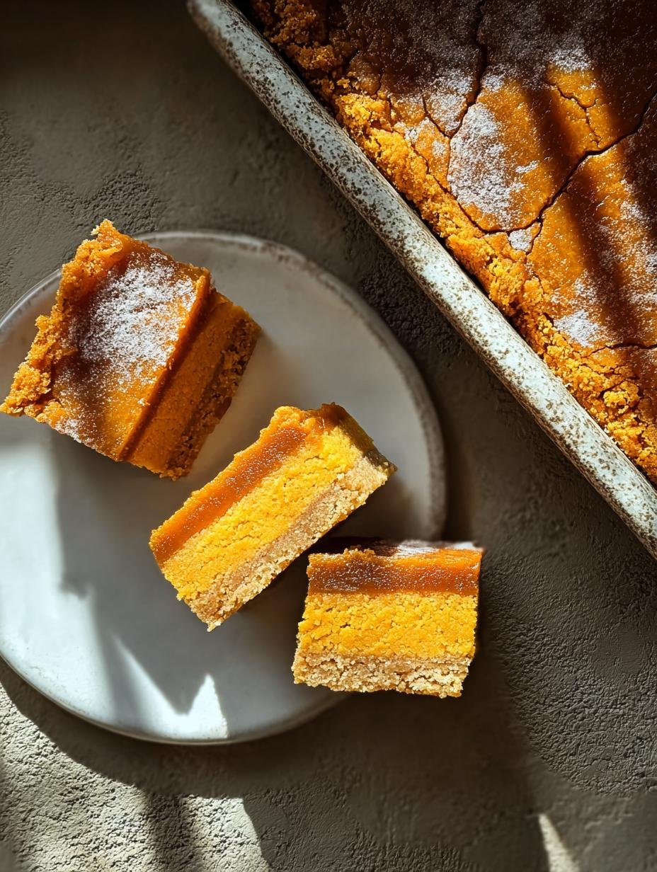 Close-up of a sliced Pumpkin Butter Bar showing the creamy pumpkin filling and golden crust