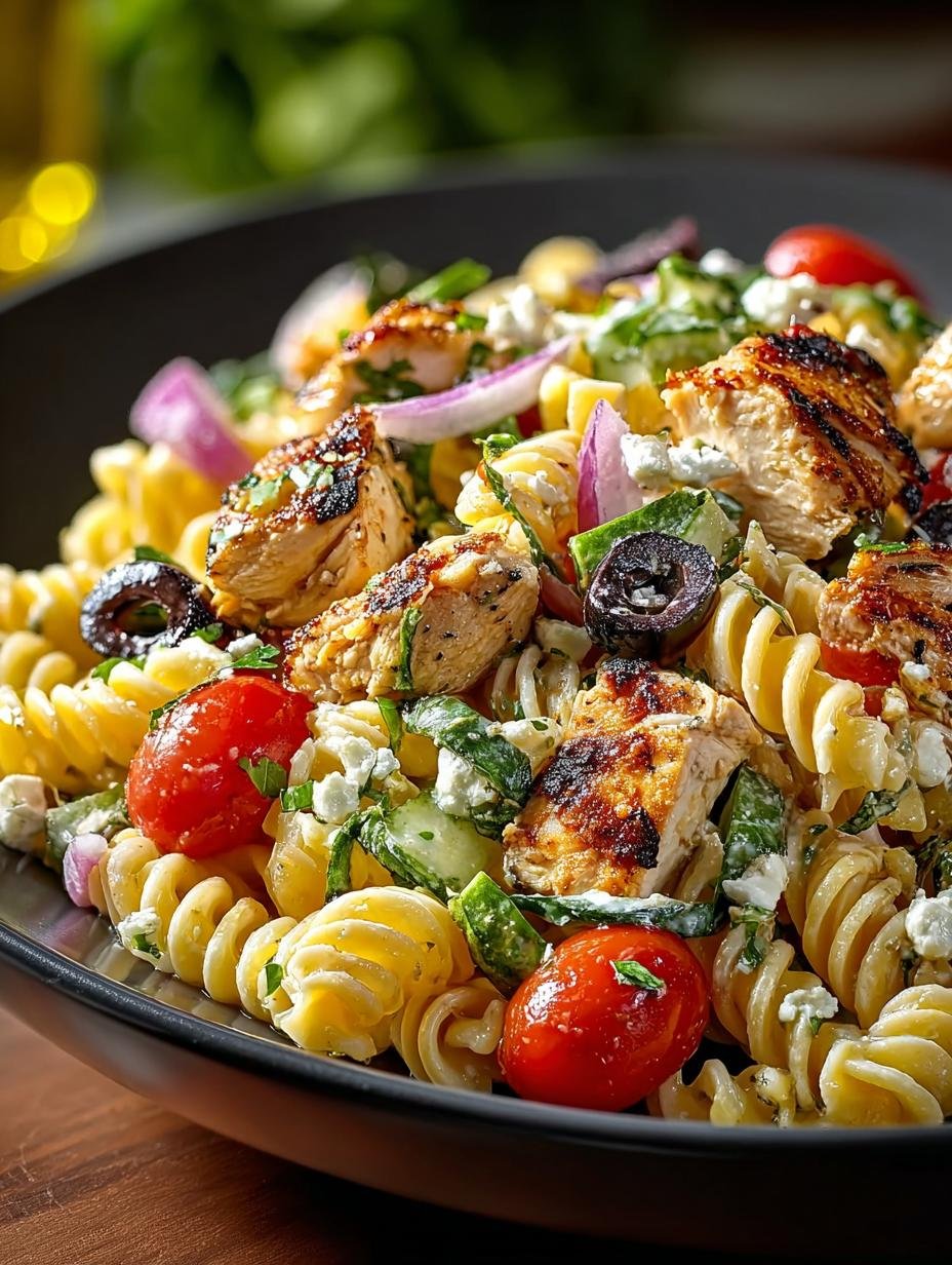 Irresistible Mediterranean Chicken Pasta Salad fresh and colorful in a bowl
