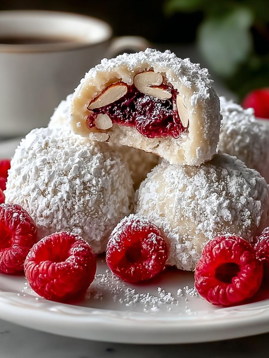 Raspberry Almond Snowball Cookies