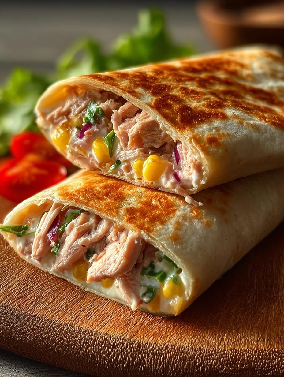 Irresistible Tuna Melt Wrap fresh from the skillet on a plate