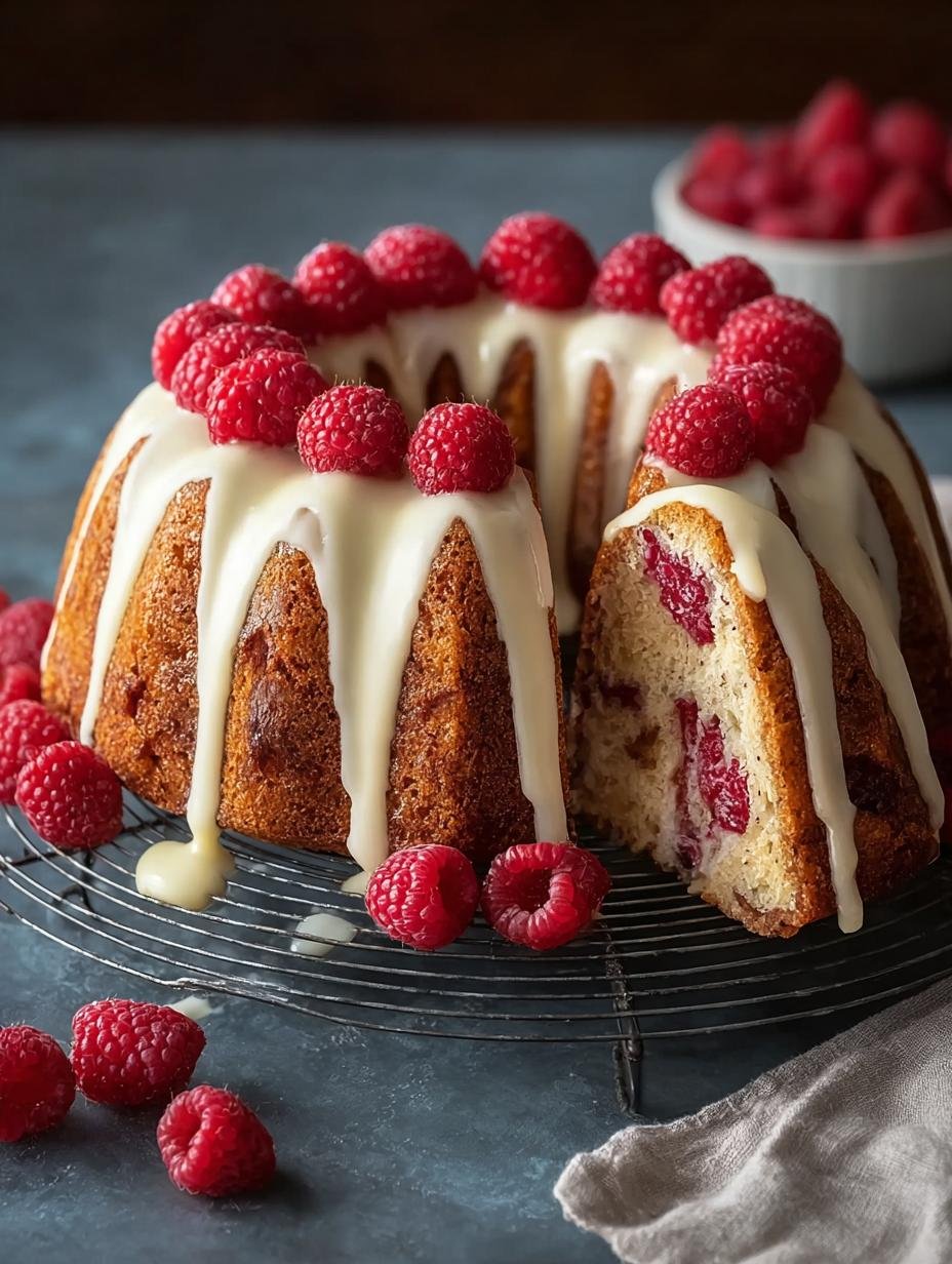 Irresistible White Chocolate Raspberry Bundt cake served on a plate with fresh raspberries