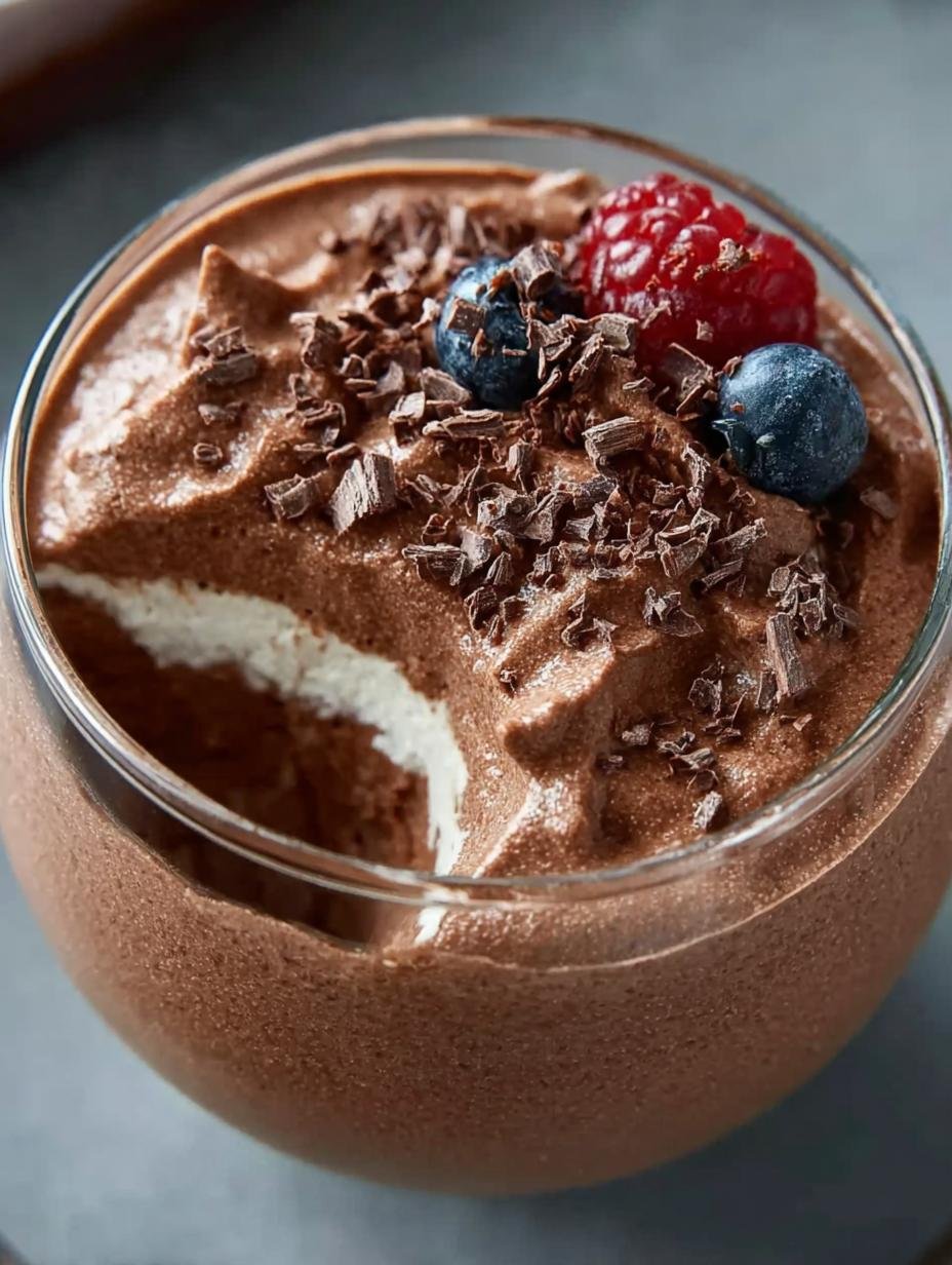 Delicious Greek Yogurt Chocolate Mousse topped with fresh berries