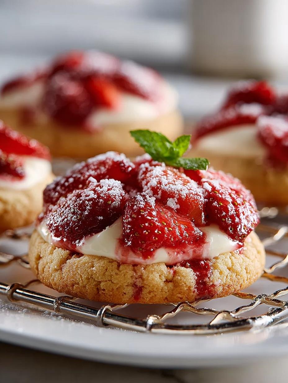 Irresistible Strawberry Cheesecake Cookies fresh from oven on cooling rack
