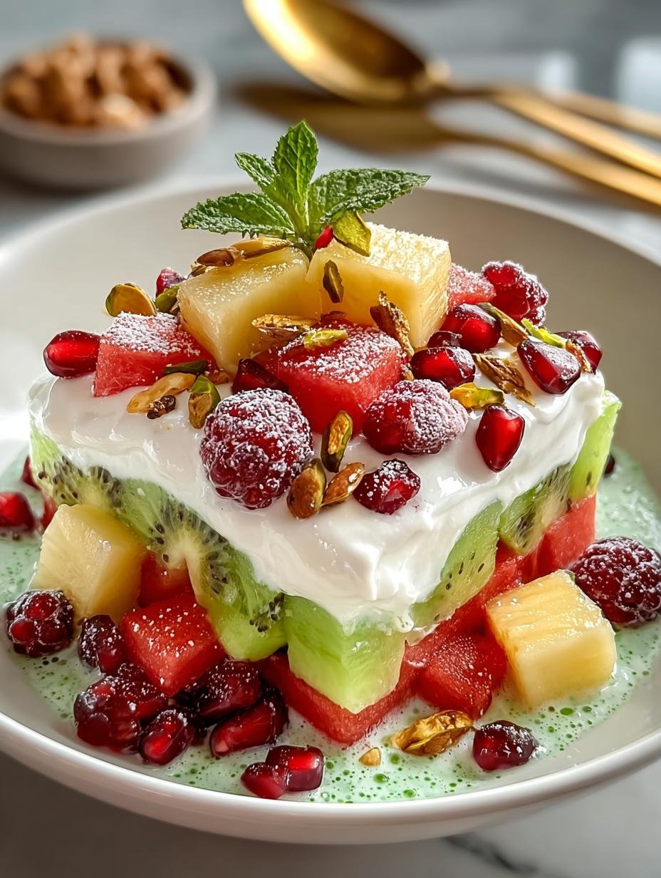 Irresistible Watergate Fruit Salad creamy dessert with pistachio pudding and pineapple