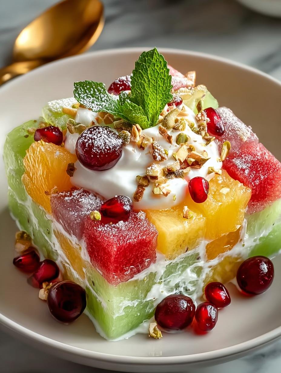 Delicious Watergate Fruit Salad with marshmallows and chopped pistachios